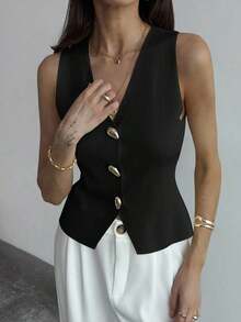 Blusa sin mangas de punto de un solo pecho con tirantes anchos, casual de verano, para otoño/invierno, verano, vacaciones, simple para ir al trabajo, con hebilla metálica única para oficina - Negro 2 - Ver 6