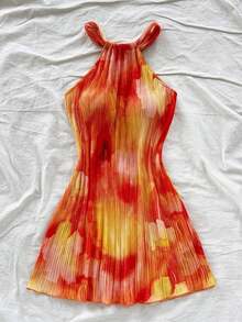Vestido mini plisado con estampado ombré y cuello halter para mujer, ideal para fiestas, vacaciones, festivales de música, citas de verano, té de la tarde, playa, crucero. Vestido plisado azul, vestido ombré azul, vestido con cuello halter, vestido de vacaciones, vestido de playa, vestido plisado ombré, vestido azul de verano, vestido azul de playa, vestido de vacaciones azul, vestidos plisados, vestido oceánico, vestido azul de verano. - Multicolor - Ver 5