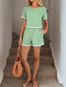 Conjunto de 2 piezas de top de manga corta con cuello redondo a cuadros y shorts casuales para mujer, de verano - Verde - Ver 8