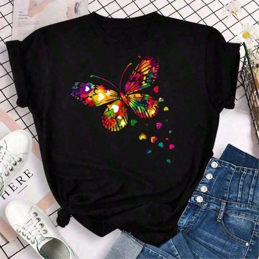 Women's T-Shirt With Colorful Butterfly And Petal Print For A Super Happy Summer, Fashionable Short Sleeve Round Neck T-Shirt, Cute Cartoon T-Shirt For Women, Women's Clothing - 紅色的 - 查看 1