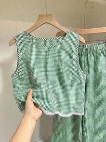 Frenchy Conjunto de 2 piezas de top sin mangas de cuello redondo a cuadros y pantalones para mujer - Verde - Ver 3