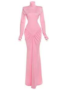 Vestido largo liso cuello alto verano 2025, ajustado elegante con espalda descubierta estilo moda - Rosa - Ver 11