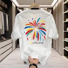 Camiseta de manga corta de estilo americano, cuello redondo, de algodón grueso, nuevo modelo unisex, marca de moda, camiseta básica estilo ins. GZNC - 250 g de algodón puro - blanco fuegos artificiales - Ver 6