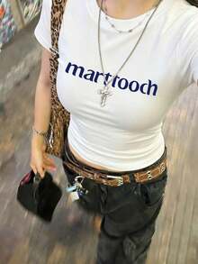 Women's White Crop Top With Round Neck And Short Sleeves, A Very Cute Youthful Style, New Summer Letter Print, Super Cute Fitted Cut For Everyday Wear And Casual Outings LWLF - 白色 - 查看 4