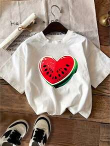 Camisetas estampadas de moda para mujer, tops de estilo urbano de talla grande, camisetas de verano cómodas y elegantes que combinan con todo. |   1 Playera para Mujer  Algodón Transpirable |   Camiseta de Moda de Manga Corta con Estampado de Sandía en Forma de Corazón,  Casual de Cuello Redondo para Mujeres - Ideal para el Verano - Blanco - Ver 2