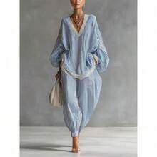 Conjunto de dos piezas para mujer con encaje y rayas azules y blancas talla grande ropa de mujer nueva moda holgada manga larga y pantalones anchos - Azul - Ver 6