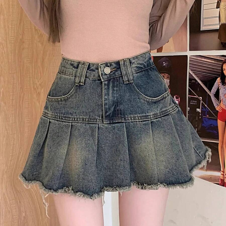 Women's Y2k High Waist Mini Skirts, Korean A-Line Denim Pleated Dress, Women's Fashion, Harajuku Blue Punk Denim Skirts, Summer - 藍色 - 查看 1