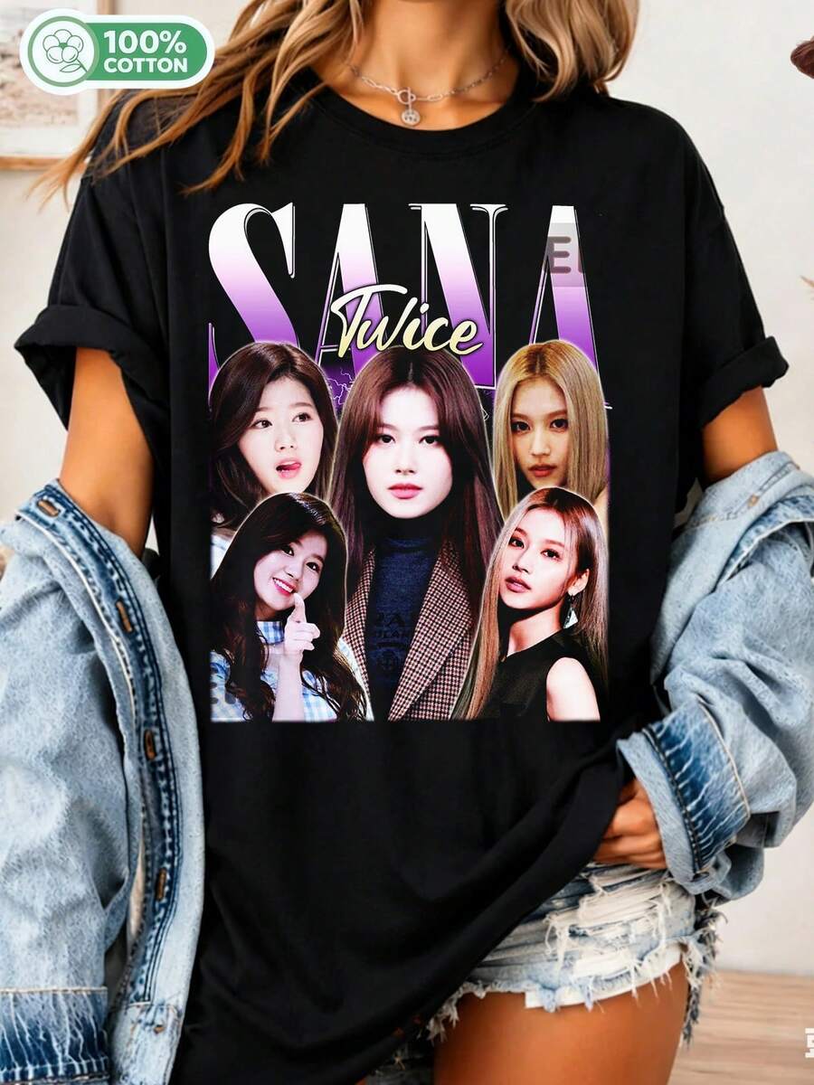 Vintage Sana Twice T-Shirt, Limited Edition, 90s Retro # Unisex T-Shirt, Size 39 - Black - View 1