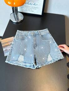 ALO FASHION Women's Straight Leg Denim Shorts with Rhinestone Diamante Chainmail Embellishments, High Stretch Casual Cute Sexy Boho Party Short Ripped Bermuda Style, Light Wash Short Grunge - azul real - Ver 1