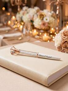 1pc Personalized Rose Gold Diamond Wedding Pen, Custom Text Engraved Crystal Ballpoint Pen For Guest Book,Rose Gold Diamond Top Crystal Pen, Ideal Bridal Shower & Wedding Keepsake Gift - Multicolor - View 4