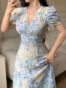 Vestido de mujer de ajuste ceñido con cuello cruzado, botones de perlas y mangas abullonadas - Azul - Ver 5