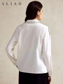 Blusa blanca de manga larga con estilo francés elegante y brillante de Aliao, digna y apropiada, adecuada para mujeres en primavera, festivales, vacaciones, conciertos y otras ocasiones, color negro - Blanco 2 - Ver 6