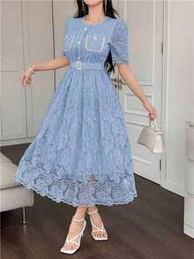 Vestido elegante de encaje de alta calidad con cintura ajustable, bordado, de estilo coreano suave y elegante - Azul - Ver 5