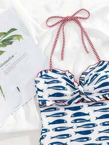 Swim Mod Ropa de playa de moda y linda para mujer, traje de baño de una pieza con volantes halter de tela especial a cuadros, adecuado para resort, fiesta, yate, primavera/verano - Multicolor 4 - Ver 4