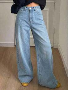 Jeans casuales de mujer de pierna ancha, unicolor, con bolsillo cargo suelto - Lavado ligero - Ver 2
