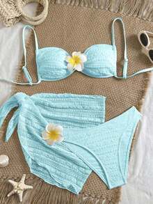 Swim Vcay Conjunto de bikini de 3 piezas con textura de tela, decoración floral, espalda descubierta, lazo, sexy y dulce, de estilo casual en color crema y amarillo, adecuado para la playa y vacaciones - Azul - Ver 6
