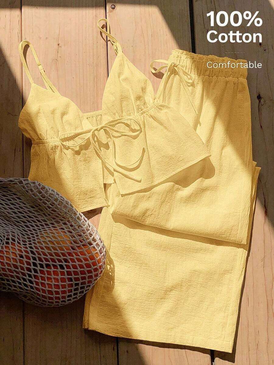 2 piezas de top de tirantes y pantalones de lino de verano para mujeres - amarillo ganso - Ver 1