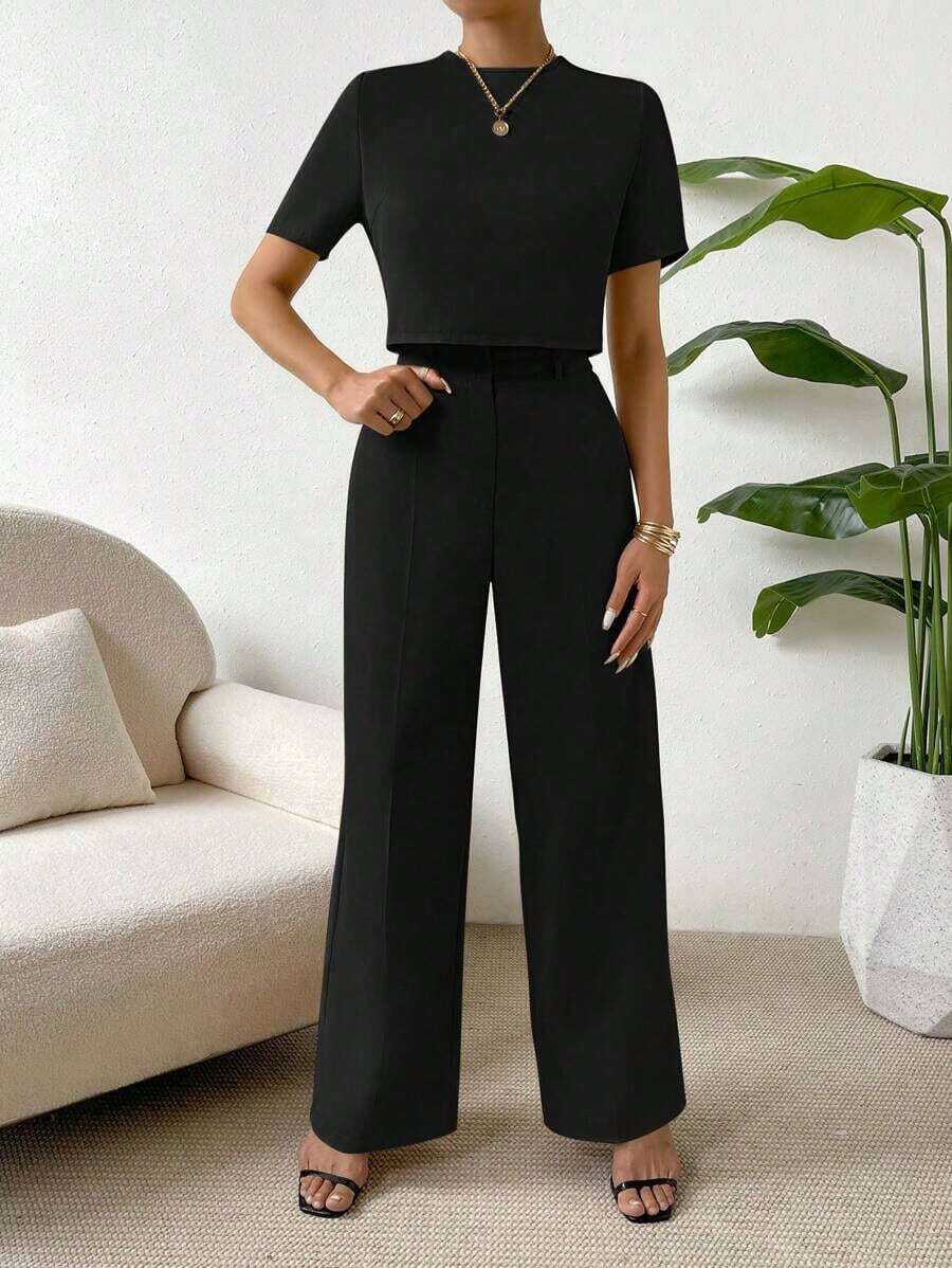 Camisa crop unicolor & Pantalones de pierna ancha - Negro - Ver 1