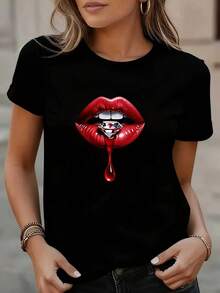 Elegantes camisetas de manga corta adornadas con diversos estampados de labios, incluyendo labios dorados, labios rojos informales y estampados de diamantes. Ropa sexy de verano para mujer, oferta especial, cuello redondo, diseño informal de manga corta, estilo Harajuku, perfecta para el verano. - Negro - Ver 6