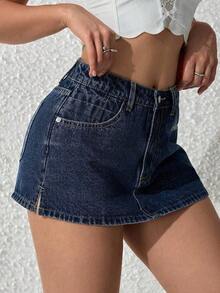 PETITE Pantalones cortos de mezclilla lisos para mujer, de moda para el verano - Azul lavado oscuro 2 - Ver 3