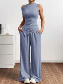 Set de 2 piezas de top y pantalones asimétricos de unicolor para mujer, casual y de uso diario - Niebla azul - Ver 6