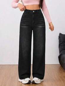 Unity Jeans de mezclilla casuales de unicolor para mujer - Negro - Ver 6