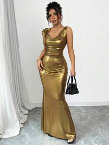 Vestido largo con espalda descubierta y decoración de lazo en color liso para mujer - Dorado - Ver 4