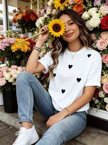 Ropa de mujer blusa camisas de mujer blusas bonitas blusas para dama blusas casuales para dama camiseta con estampado de corazones dorados brillantes, tops holgados para mujer ropa adorable camisas y2k manga corta cuello redondo ajuste holgado para todas las estaciones, 100% algodón transpirable tejido elástico lavable a máquina ideal para ocio diario deportes y fitness viajes y desplazamientos, artículos del almacén local envío gratuito vintage top para mujer casual, 2026 New Arrival - Blanco - Ver 2