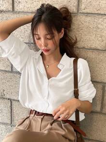 Camisa con botones y hombros caídos, blusas de manga larga, ropa de otoño - Blanco - Ver 4