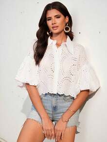 Aveloria Frievida Camisa sencilla y de moda con mangas abullonadas, bordado calado y estilo bohemio - Blanco - Ver 9