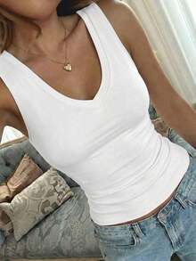 Camiseta de tirantes ajustada con escote en V profundo para mujer  top de punto de unicolor, ropa deportiva para mujer, ropa de carnaval de primavera y verano 2026, adecuada para uso diario, trabajo y casual - Blanco - Ver 5