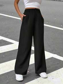 Pantalones rectos de cintura alta de color liso informal - Negro - Ver 7