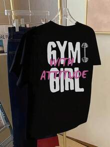 Short-Sleeved T-Shirt With Front And Back Print -  "Fitness Girl, Attitude Girl" Print - Women's  Print T-Shirt For Spring/Summer, A Fashionable Item. Elegant Party Outfit, Stylish Ladies' T-Shirt, Blouses Suitable For Curvy Women, Prom Skirts, Casual Wear - 黑色 - 查看 2