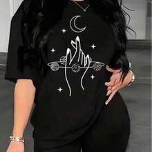 Blusa casual para mujer de moda con cuello redondo, manga corta y estampado de Mano con luna y planetas - Negro - Ver 4