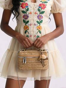 Boho Chic Square Straw Bag With Sweet Bow, Casual Woven Beach Handbag With Chain Strap - Multicolor - View 2
