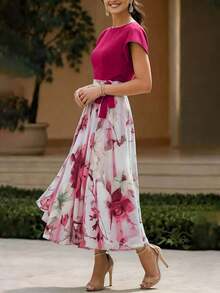 Vestido largo casual y elegante de tela tejida con estampado floral, adecuado para uso diario y todas las temporadas de vacaciones de verano - Rosa Fucsia - Ver 4