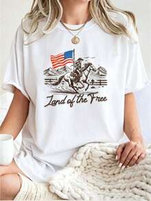 Horse T-Shirt For The 4th Of July, Western Style T-Shirt For The 4th Of July, American Flag T-Shirt, Cowgirl T-Shirt, Independence Day T-Shirt, Patriotic T-Shirt For Women - 白色 - 查看 7