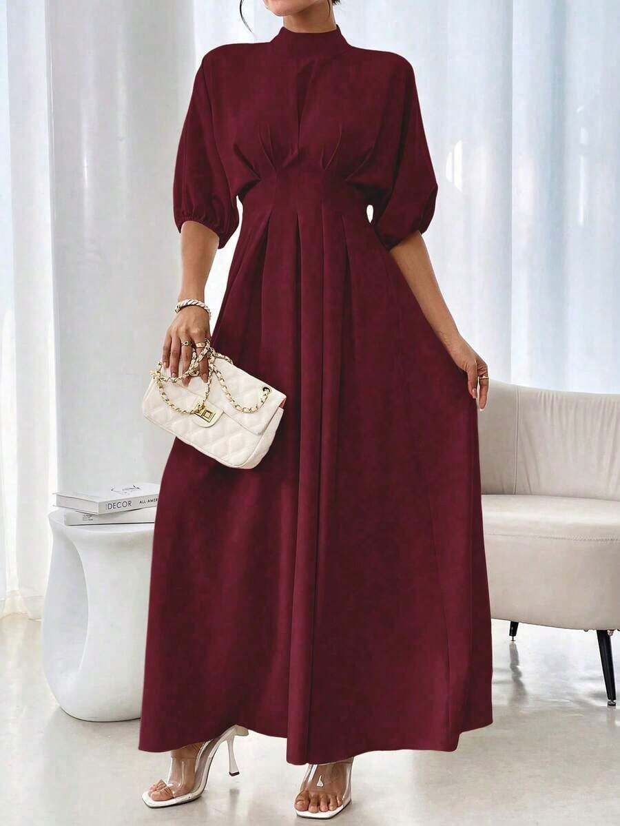 xheRafferiza Vestido largo elegante para mujer con cuello redondo, manga farol, cintura plisada y unicolor holgadoxhe - Burdeos - Ver 1