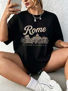 Camiseta de manga corta para mujer con estampado de paisaje de Roma y coordenadas, cuello redondo, tejido de poliéster, ideal para uso diario, viajes, salidas casuales y vacaciones, estilo casual, temporada primavera-verano, Envío nacional a México. - Negro - Ver 1