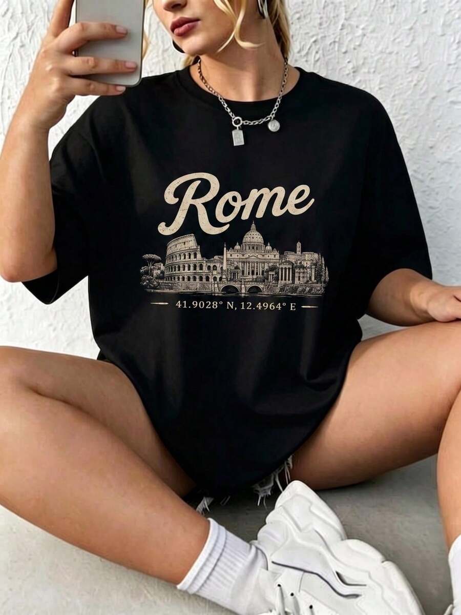 Camiseta de manga corta para mujer con estampado de paisaje de Roma y coordenadas, cuello redondo, tejido de poliéster, ideal para uso diario, viajes, salidas casuales y vacaciones, estilo casual, temporada primavera-verano, Envío nacional a México. - Negro - Ver 1