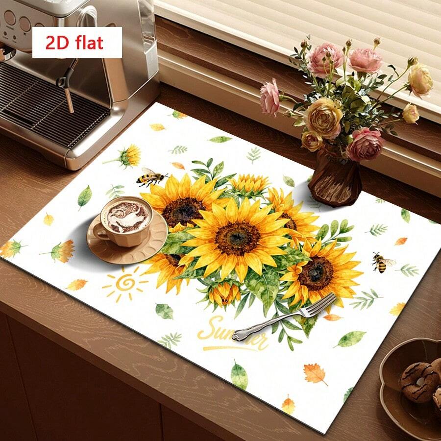 1pc Sunflower & Bee Pattern Absorbent Drying Mat, Suitable For Cafes And Home Use, Multi-Purpose Drainage Pad, Household Gift, Tabletop Decor