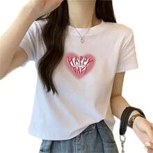 Camiseta de manga corta de algodón puro para mujer, nuevo estilo de verano, top corto blanco de cuello redondo y corte ajustado, versátil para figuras pequeñas, totalmente de algodón. OLST - Corto de talle alto - corazón rosa - Ver 6