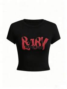 Camiseta de manga corta con cuello redondo para mujer, estilo American Hot Girl, nueva impresión de letras de verano, top corto ajustado a la moda, casual, blanco. 2LOZ - Negro - Ver 5