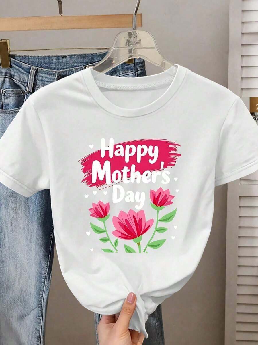 Simple And Versatile Design, Mother's Day Gift, Elegant Short-Sleeved T-Shirt With Round Neck And Floral Print, Suitable For Spring, Summer, Autumn And Winter, Fashionable And Comfortable, Soft And Breathable, New Style, Ideal For Work, Vacation And Daily Wear, Elegant Retro Casual Style, Comfortable, Soft And Breathable, Available In Sizes S-XXXL, Pure Cotton T-Shirt. - 白色 - 查看 1