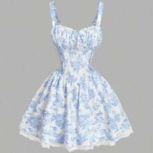 MOD Women's Blue & White Print Lace Trim Cami Strap Mini Dress With Criss-Cross Back, Spring Date Outfit,Valentine Day - Azul y blanco - Ver 1