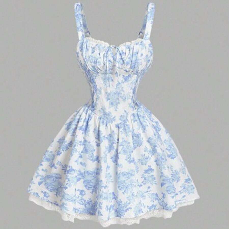 MOD Women's Blue & White Print Lace Trim Cami Strap Mini Dress With Criss-Cross Back, Spring Date Outfit,Valentine Day - Azul y blanco - Ver 1