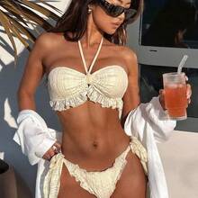 Swim  Conjunto de bikini lindo sexy con cuello halter y ribete con volantes de tela jacquard de color sólido, traje de baño de 2 piezas para mujer - Beis - Ver 2