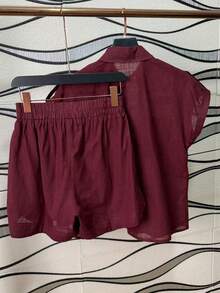 Women's Shirt And Shorts Set With Lining - 酒紅色 - 查看 3