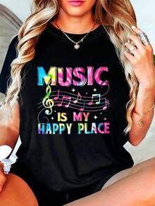Plus Size - Plus Size - The Joyful Kingdom Of Music, Where Melodies Bring Happiness. A Stylish And Casual Women's Crew Neck T-Shirt With Music-Themed Prints And Designs, Perfect For Spring And Summer. A Loose, Casual, And Versatile T-Shirt. - 黑色 - 查看 1