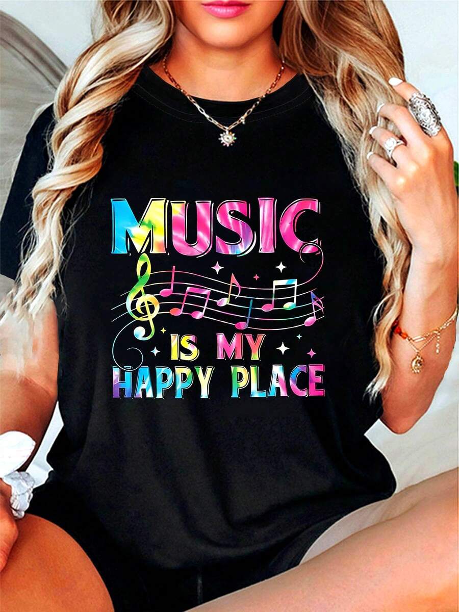 Plus Size - Plus Size - The Joyful Kingdom Of Music, Where Melodies Bring Happiness. A Stylish And Casual Women's Crew Neck T-Shirt With Music-Themed Prints And Designs, Perfect For Spring And Summer. A Loose, Casual, And Versatile T-Shirt. - 黑色 - 查看 1